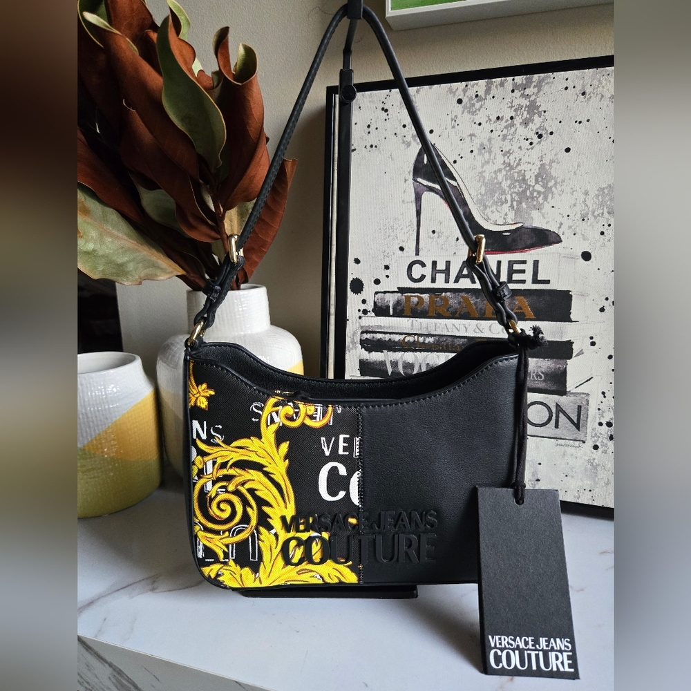 NWT Versace Jeans Couture Black And Yellow Rock Cut Shoulder Bag And Dustbag